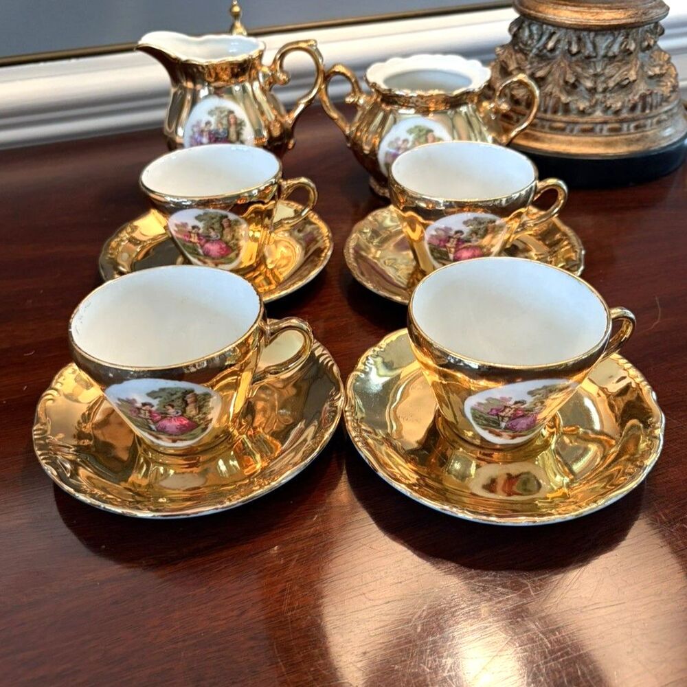Vintage Japan Gold Demitasse Cup and Saucer Sets Courting Couple Creamer Sugar
